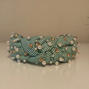 Lele Sadoughi Green & White Seersucker Embellished Knotted Headband